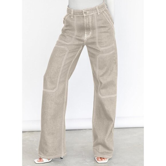 Elegant Women's Cargo Jeans - Comfy Apricot Wide Leg Denim Pants with 4 Pockets - Picture 3 of 4